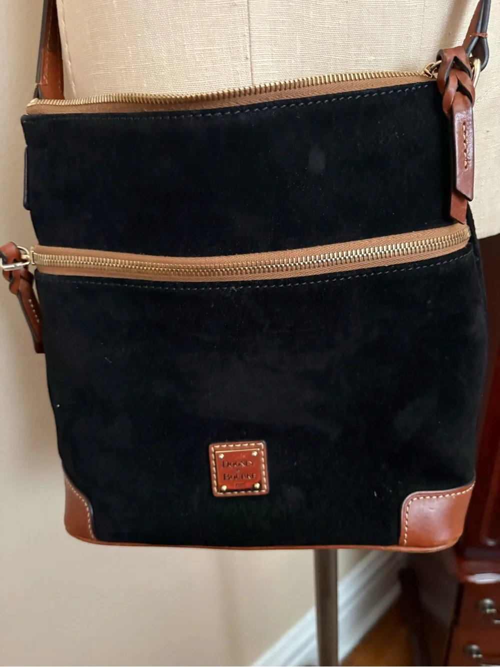 Dooney & Bourke Black Suede Messenger with Brown Leather Trim